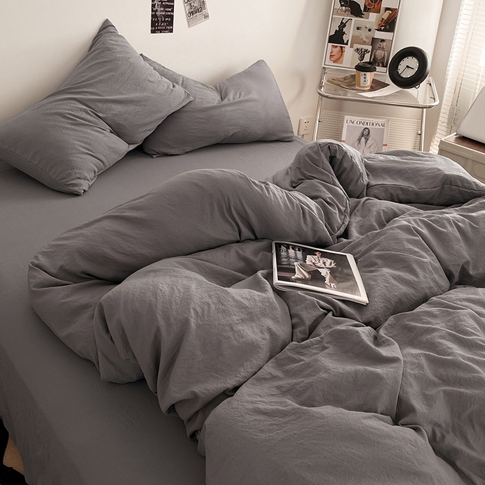 91家纺网 家纺一手货源 找家纺 优尚佳生活馆 2025新款ins风超柔褶皱亲肤磨毛水洗棉四件套纯色系列（风格一） 流光灰