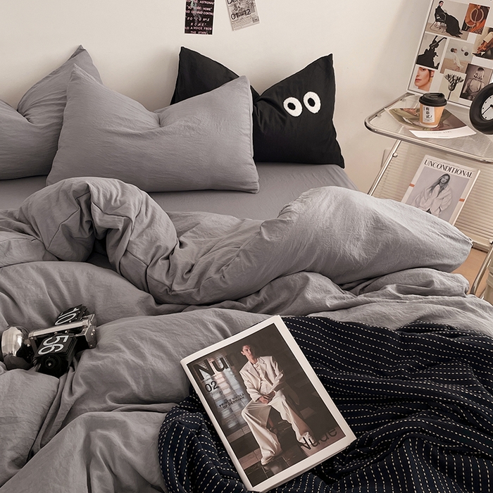 91家纺网 家纺一手货源 找家纺 优尚佳生活馆 2025新款ins风超柔褶皱亲肤磨毛水洗棉四件套纯色系列（风格一） 流光灰