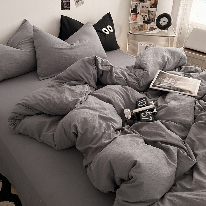 91家纺网 家纺一手货源 找家纺 优尚佳生活馆 2025新款ins风超柔褶皱亲肤磨毛水洗棉四件套纯色系列（风格一） 流光灰
