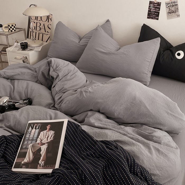 91家纺网 家纺一手货源 找家纺 优尚佳生活馆 2025新款ins风超柔褶皱亲肤磨毛水洗棉四件套纯色系列（风格一） 流光灰