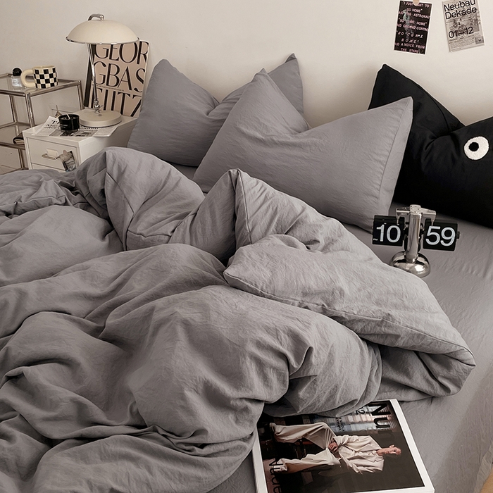 91家纺网 家纺一手货源 找家纺 优尚佳生活馆 2025新款ins风超柔褶皱亲肤磨毛水洗棉四件套纯色系列（风格一） 流光灰