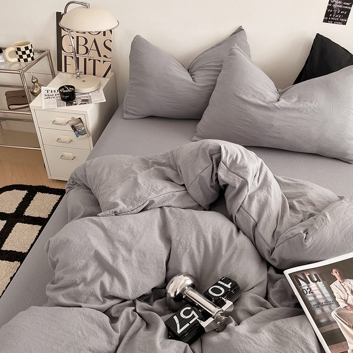 91家纺网 家纺一手货源 找家纺 优尚佳生活馆 2025新款ins风超柔褶皱亲肤磨毛水洗棉四件套纯色系列（风格一） 流光灰