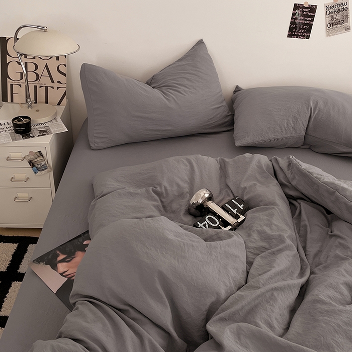91家纺网 家纺一手货源 找家纺 优尚佳生活馆 2025新款ins风超柔褶皱亲肤磨毛水洗棉四件套纯色系列（风格一） 流光灰