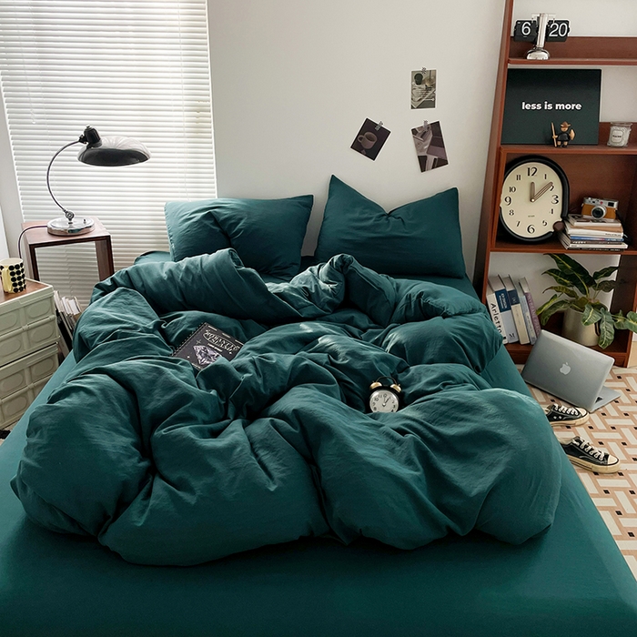 91家纺网 家纺一手货源 找家纺 优尚佳生活馆 2025新款ins风超柔褶皱亲肤磨毛水洗棉四件套纯色系列（风格二） 宝石绿