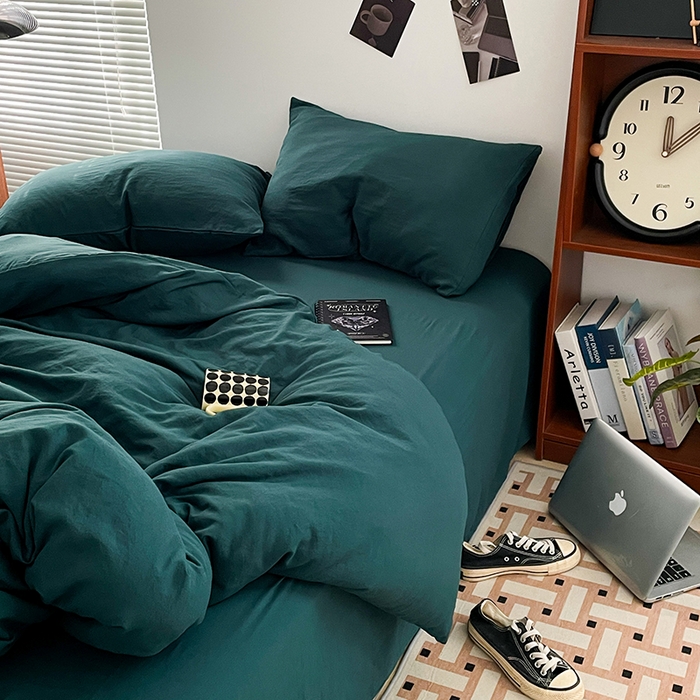 91家纺网 家纺一手货源 找家纺 优尚佳生活馆 2025新款ins风超柔褶皱亲肤磨毛水洗棉四件套纯色系列（风格二） 宝石绿