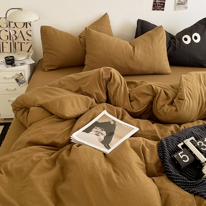 91家纺网 家纺一手货源 找家纺 优尚佳生活馆 2025新款ins风超柔褶皱亲肤磨毛水洗棉四件套纯色系列（风格一） 玛瑙黄