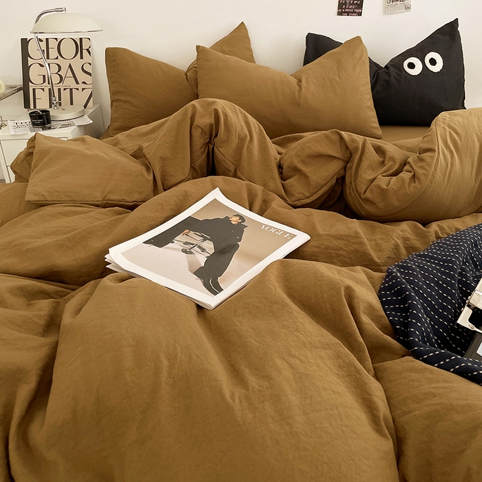 91家纺网 家纺一手货源 找家纺 优尚佳生活馆 2025新款ins风超柔褶皱亲肤磨毛水洗棉四件套纯色系列（风格一） 玛瑙黄