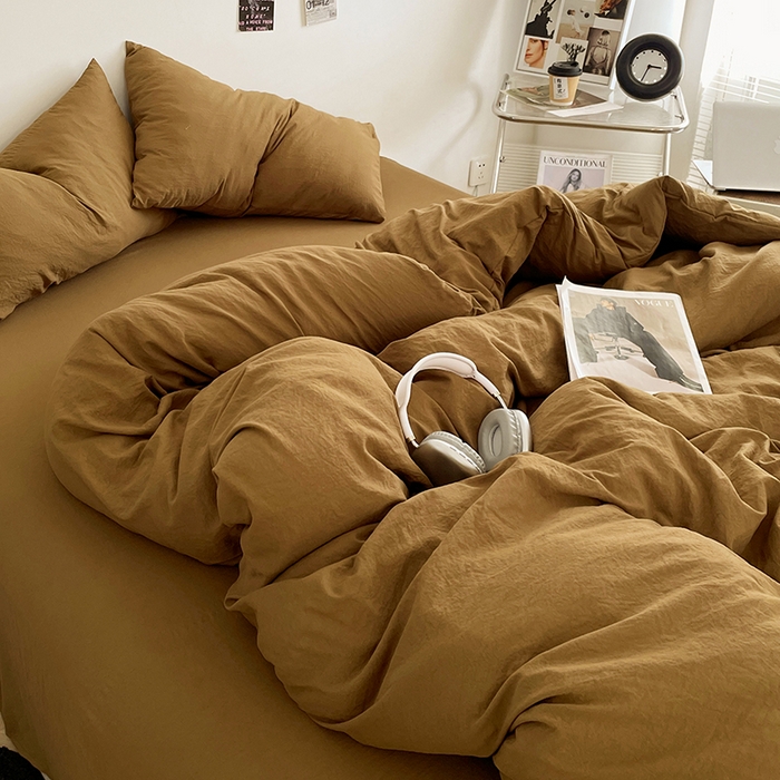 91家纺网 家纺一手货源 找家纺 优尚佳生活馆 2025新款ins风超柔褶皱亲肤磨毛水洗棉四件套纯色系列（风格一） 玛瑙黄