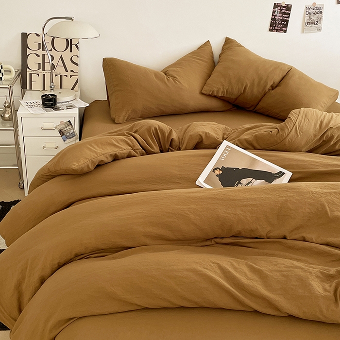 91家纺网 家纺一手货源 找家纺 优尚佳生活馆 2025新款ins风超柔褶皱亲肤磨毛水洗棉四件套纯色系列（风格一） 玛瑙黄