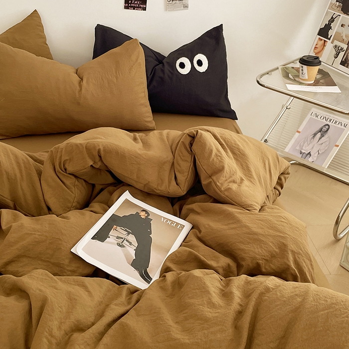 91家纺网 家纺一手货源 找家纺 优尚佳生活馆 2025新款ins风超柔褶皱亲肤磨毛水洗棉四件套纯色系列（风格一） 玛瑙黄