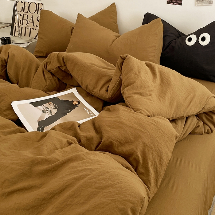 91家纺网 家纺一手货源 找家纺 优尚佳生活馆 2025新款ins风超柔褶皱亲肤磨毛水洗棉四件套纯色系列（风格一） 玛瑙黄