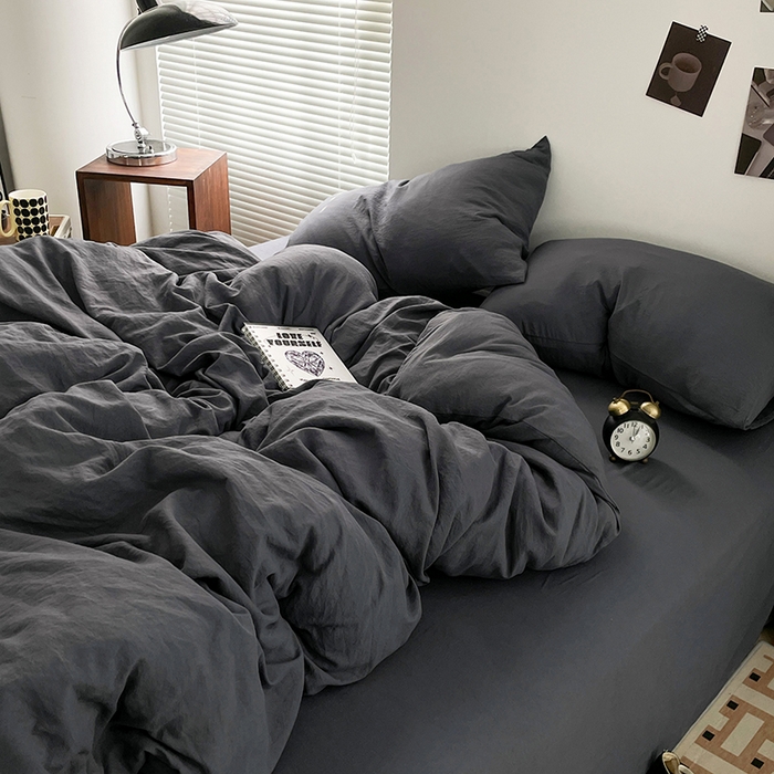 91家纺网 家纺一手货源 找家纺 优尚佳生活馆 2025新款ins风超柔褶皱亲肤磨毛水洗棉四件套纯色系列（风格二） 布鲁灰