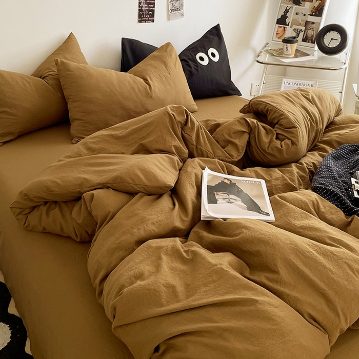 91家纺网 家纺一手货源 找家纺 优尚佳生活馆 2025新款ins风超柔褶皱亲肤磨毛水洗棉四件套纯色系列（风格一） 玛瑙黄