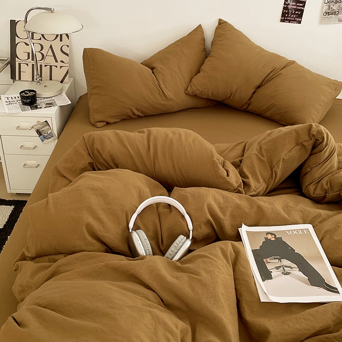 91家纺网 家纺一手货源 找家纺 优尚佳生活馆 2025新款ins风超柔褶皱亲肤磨毛水洗棉四件套纯色系列（风格一） 玛瑙黄