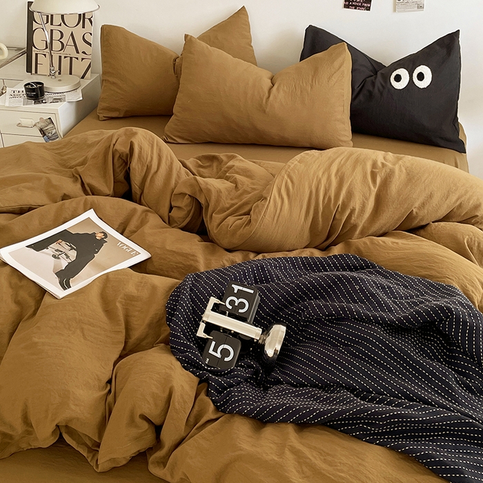 91家纺网 家纺一手货源 找家纺 优尚佳生活馆 2025新款ins风超柔褶皱亲肤磨毛水洗棉四件套纯色系列（风格一） 玛瑙黄