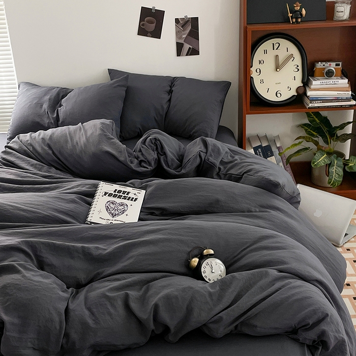 91家纺网 家纺一手货源 找家纺 优尚佳生活馆 2025新款ins风超柔褶皱亲肤磨毛水洗棉四件套纯色系列（风格二） 布鲁灰