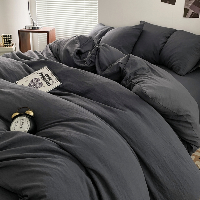 91家纺网 家纺一手货源 找家纺 优尚佳生活馆 2025新款ins风超柔褶皱亲肤磨毛水洗棉四件套纯色系列（风格二） 布鲁灰