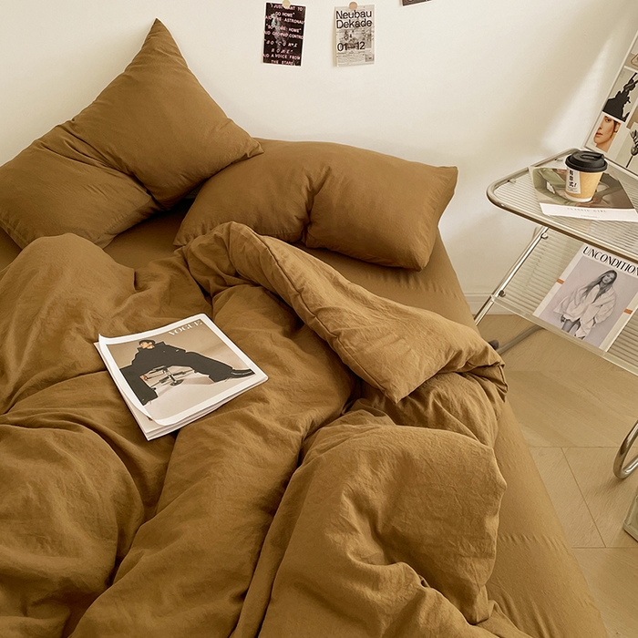 91家纺网 家纺一手货源 找家纺 优尚佳生活馆 2025新款ins风超柔褶皱亲肤磨毛水洗棉四件套纯色系列（风格一） 玛瑙黄