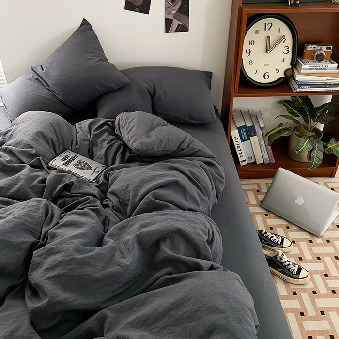 91家纺网 家纺一手货源 找家纺 优尚佳生活馆 2025新款ins风超柔褶皱亲肤磨毛水洗棉四件套纯色系列（风格二） 布鲁灰