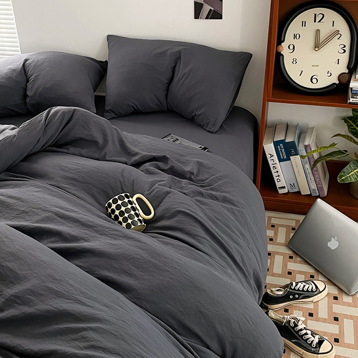 91家纺网 家纺一手货源 找家纺 优尚佳生活馆 2025新款ins风超柔褶皱亲肤磨毛水洗棉四件套纯色系列（风格二） 布鲁灰