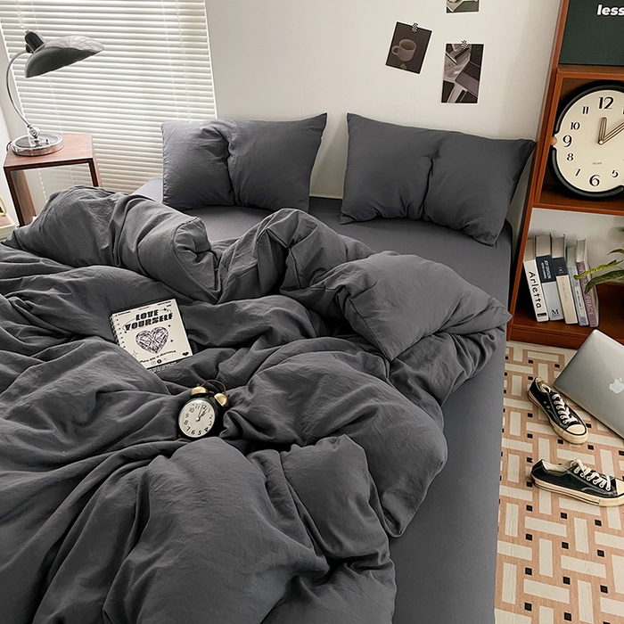 91家纺网 家纺一手货源 找家纺 优尚佳生活馆 2025新款ins风超柔褶皱亲肤磨毛水洗棉四件套纯色系列（风格二） 布鲁灰