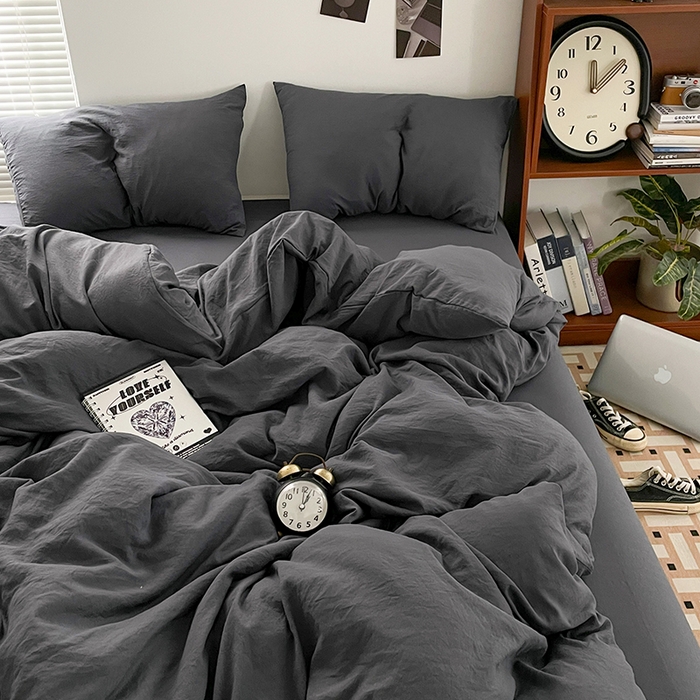 91家纺网 家纺一手货源 找家纺 优尚佳生活馆 2025新款ins风超柔褶皱亲肤磨毛水洗棉四件套纯色系列（风格二） 布鲁灰