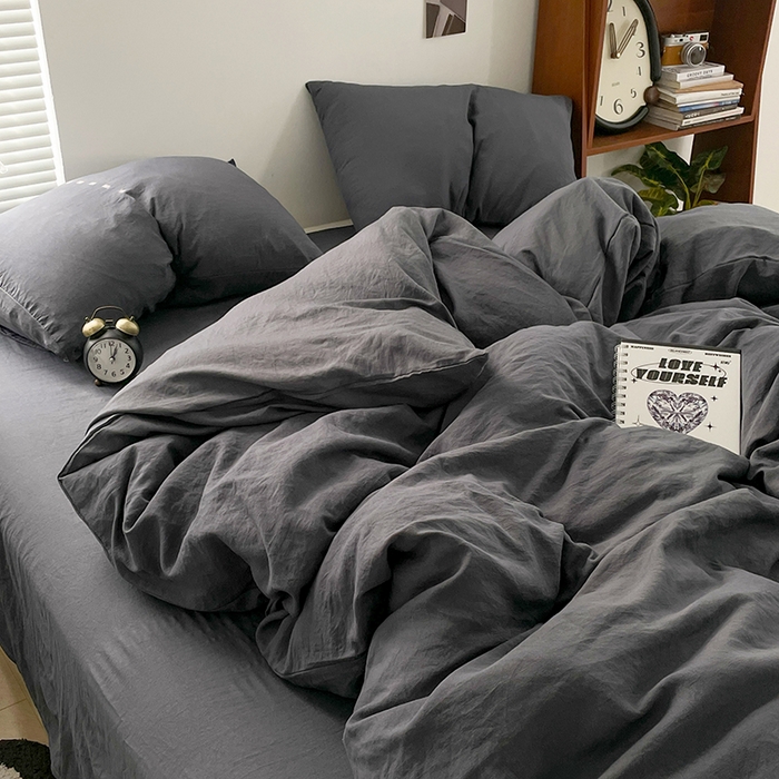 91家纺网 家纺一手货源 找家纺 优尚佳生活馆 2025新款ins风超柔褶皱亲肤磨毛水洗棉四件套纯色系列（风格二） 布鲁灰
