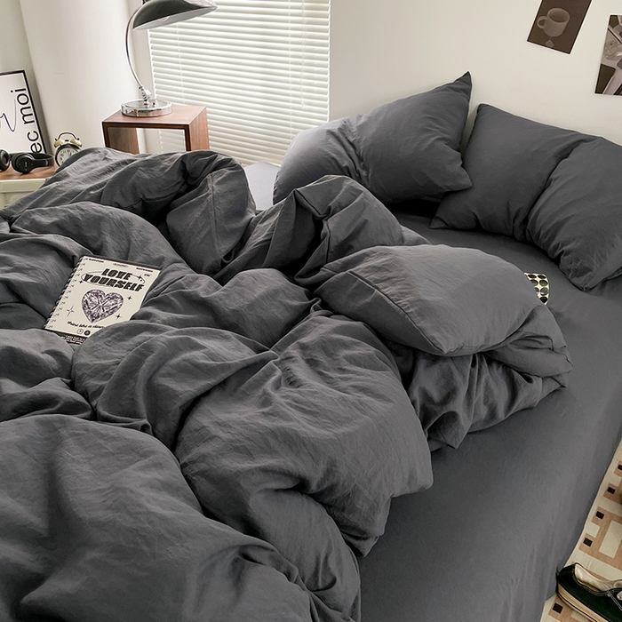 91家纺网 家纺一手货源 找家纺 优尚佳生活馆 2025新款ins风超柔褶皱亲肤磨毛水洗棉四件套纯色系列（风格二） 布鲁灰