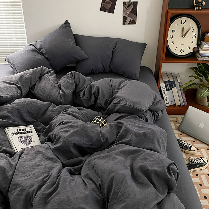 91家纺网 家纺一手货源 找家纺 优尚佳生活馆 2025新款ins风超柔褶皱亲肤磨毛水洗棉四件套纯色系列（风格二） 布鲁灰