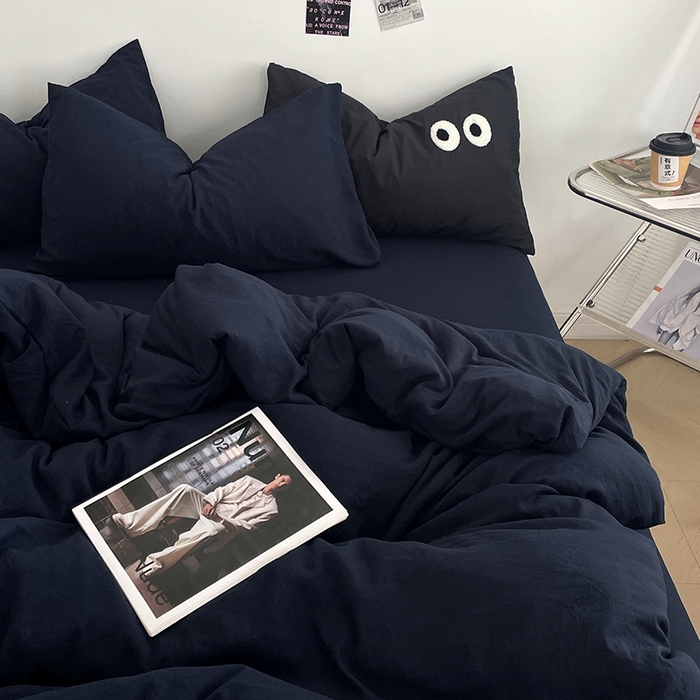 91家纺网 家纺一手货源 找家纺 优尚佳生活馆 2025新款ins风超柔褶皱亲肤磨毛水洗棉四件套纯色系列（风格一） 梦幻蓝