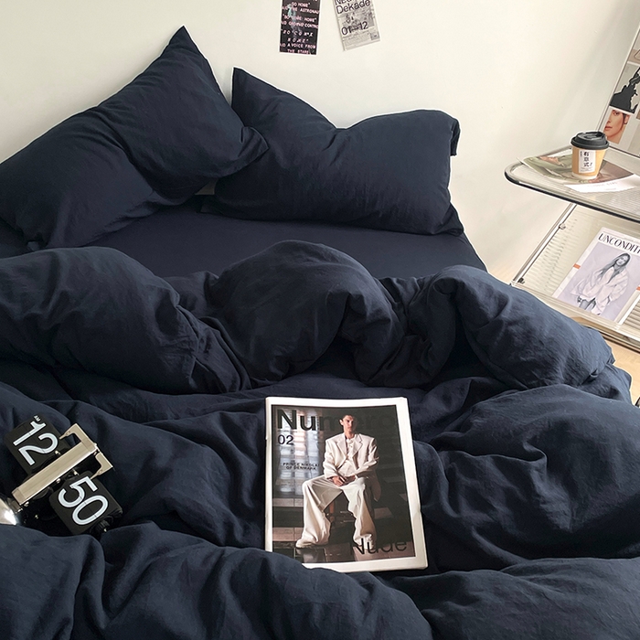 91家纺网 家纺一手货源 找家纺 优尚佳生活馆 2025新款ins风超柔褶皱亲肤磨毛水洗棉四件套纯色系列（风格一） 梦幻蓝