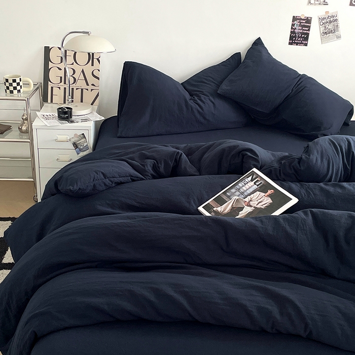 91家纺网 家纺一手货源 找家纺 优尚佳生活馆 2025新款ins风超柔褶皱亲肤磨毛水洗棉四件套纯色系列（风格一） 梦幻蓝