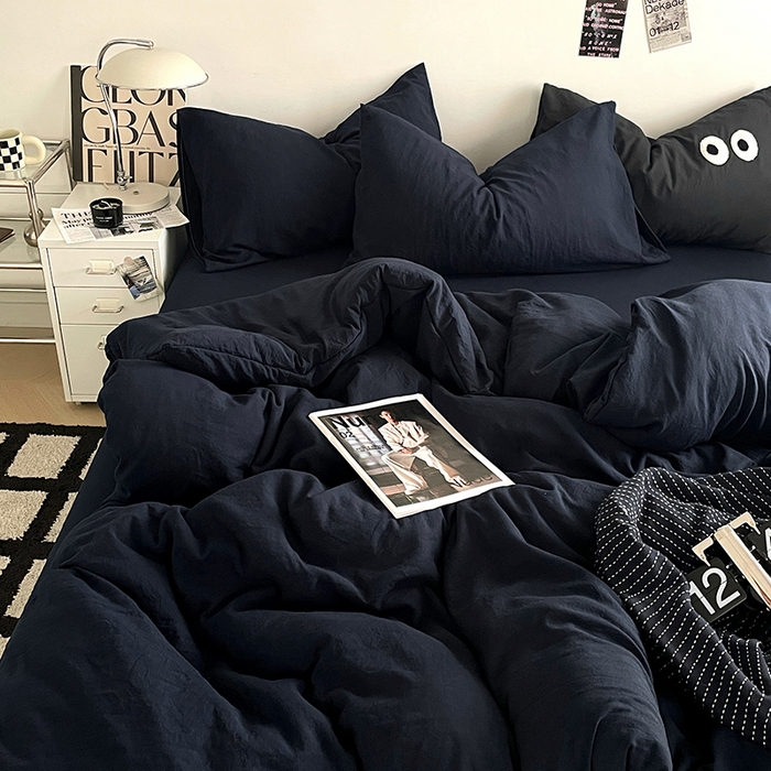 91家纺网 家纺一手货源 找家纺 优尚佳生活馆 2025新款ins风超柔褶皱亲肤磨毛水洗棉四件套纯色系列（风格一） 梦幻蓝