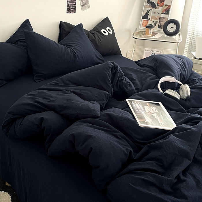 91家纺网 家纺一手货源 找家纺 优尚佳生活馆 2025新款ins风超柔褶皱亲肤磨毛水洗棉四件套纯色系列（风格一） 梦幻蓝