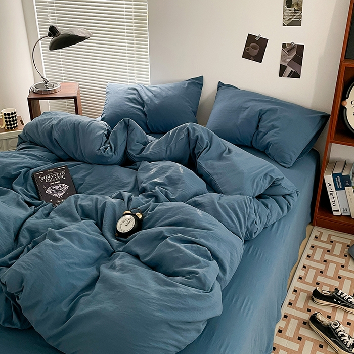 91家纺网 家纺一手货源 找家纺 优尚佳生活馆 2025新款ins风超柔褶皱亲肤磨毛水洗棉四件套纯色系列（风格二） 梵星蓝