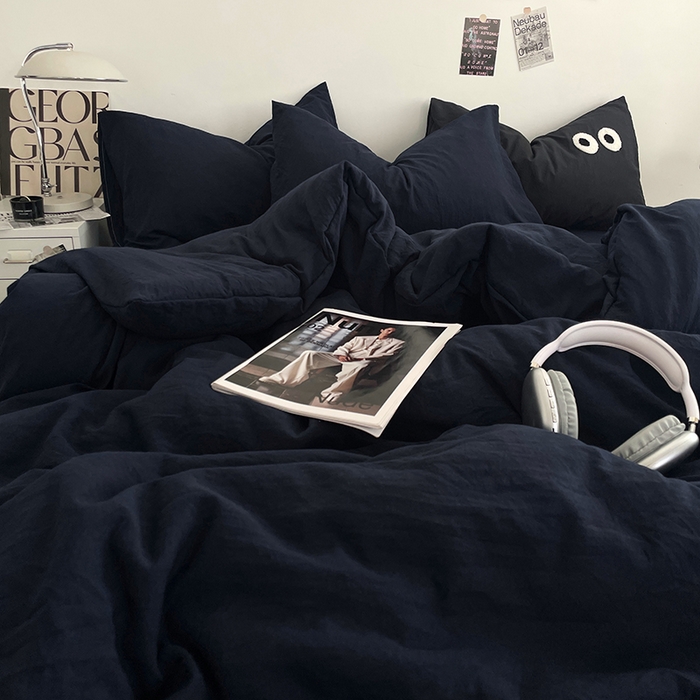 91家纺网 家纺一手货源 找家纺 优尚佳生活馆 2025新款ins风超柔褶皱亲肤磨毛水洗棉四件套纯色系列（风格一） 梦幻蓝