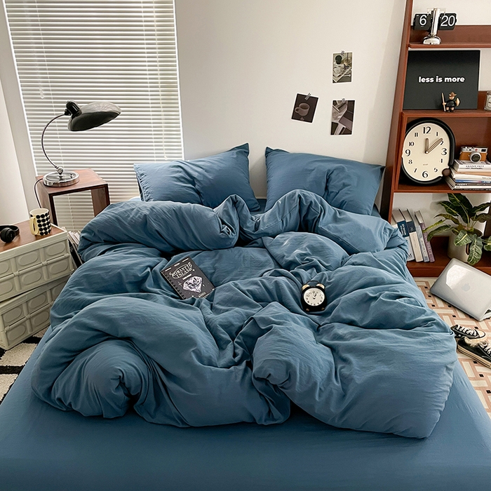 91家纺网 家纺一手货源 找家纺 优尚佳生活馆 2025新款ins风超柔褶皱亲肤磨毛水洗棉四件套纯色系列（风格二） 梵星蓝