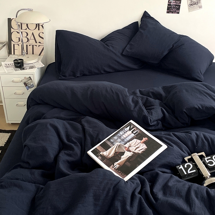 91家纺网 家纺一手货源 找家纺 优尚佳生活馆 2025新款ins风超柔褶皱亲肤磨毛水洗棉四件套纯色系列（风格一） 梦幻蓝