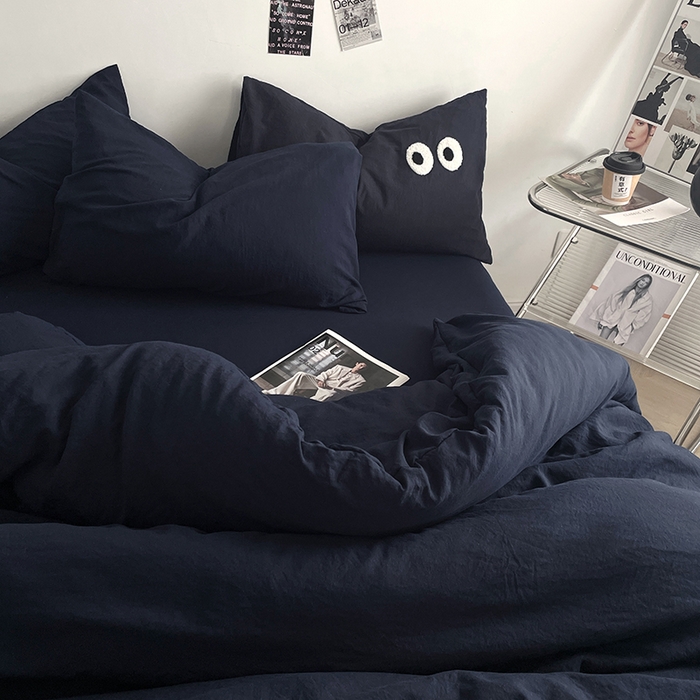 91家纺网 家纺一手货源 找家纺 优尚佳生活馆 2025新款ins风超柔褶皱亲肤磨毛水洗棉四件套纯色系列（风格一） 梦幻蓝