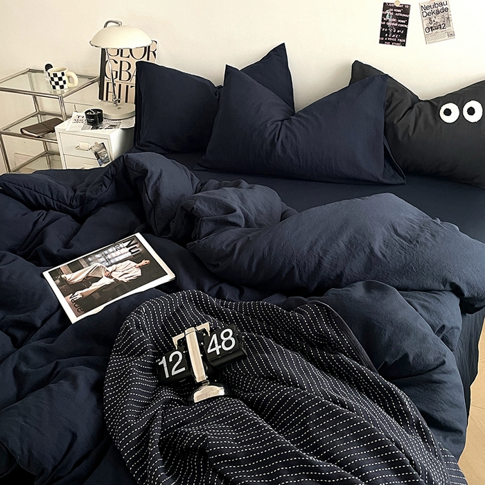 91家纺网 家纺一手货源 找家纺 优尚佳生活馆 2025新款ins风超柔褶皱亲肤磨毛水洗棉四件套纯色系列（风格一） 梦幻蓝