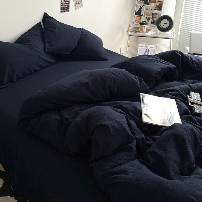 91家纺网 家纺一手货源 找家纺 优尚佳生活馆 2025新款ins风超柔褶皱亲肤磨毛水洗棉四件套纯色系列（风格一） 梦幻蓝