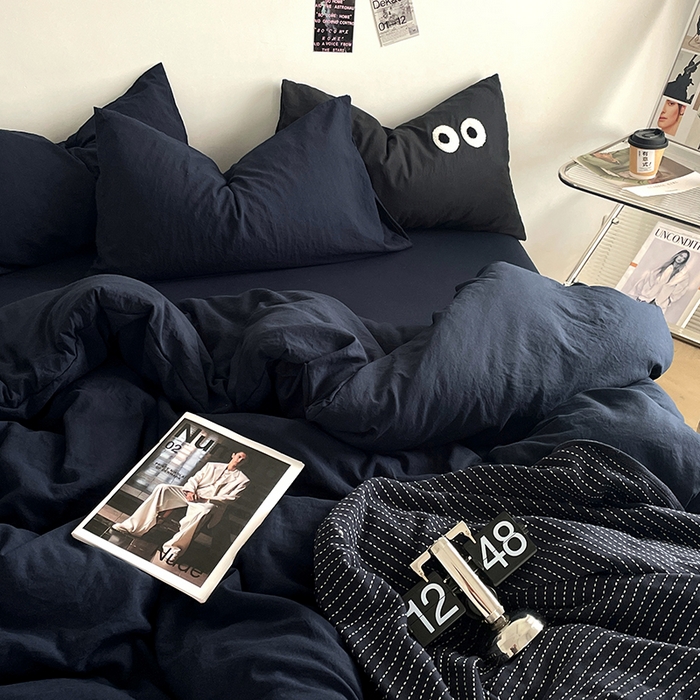 91家纺网 家纺一手货源 找家纺 优尚佳生活馆 2025新款ins风超柔褶皱亲肤磨毛水洗棉四件套纯色系列（风格一） 梦幻蓝