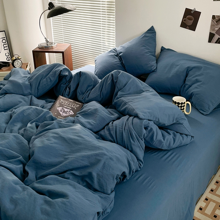 91家纺网 家纺一手货源 找家纺 优尚佳生活馆 2025新款ins风超柔褶皱亲肤磨毛水洗棉四件套纯色系列（风格二） 梵星蓝