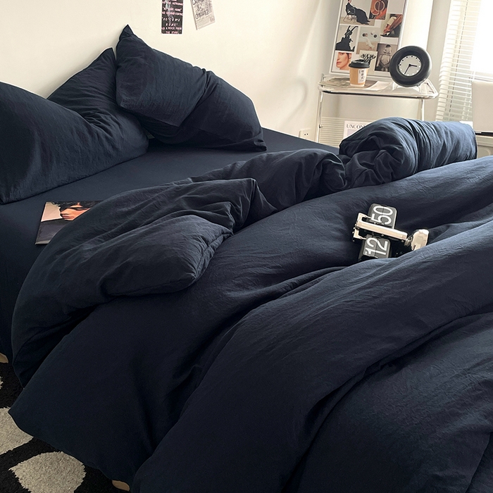 91家纺网 家纺一手货源 找家纺 优尚佳生活馆 2025新款ins风超柔褶皱亲肤磨毛水洗棉四件套纯色系列（风格一） 梦幻蓝