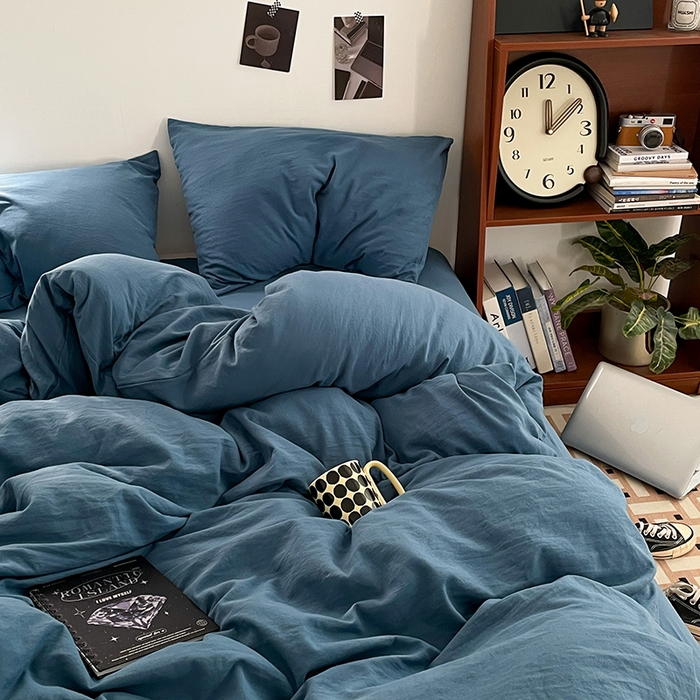 91家纺网 家纺一手货源 找家纺 优尚佳生活馆 2025新款ins风超柔褶皱亲肤磨毛水洗棉四件套纯色系列（风格二） 梵星蓝