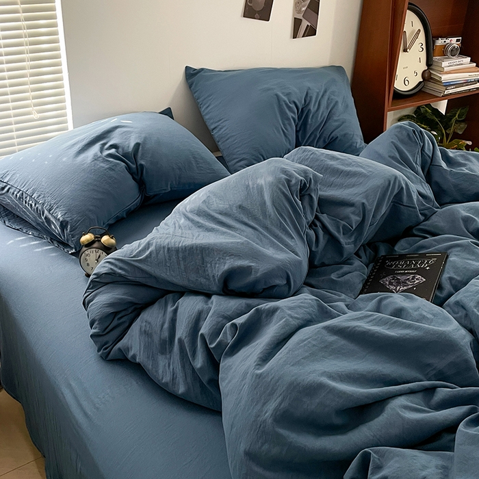 91家纺网 家纺一手货源 找家纺 优尚佳生活馆 2025新款ins风超柔褶皱亲肤磨毛水洗棉四件套纯色系列（风格二） 梵星蓝