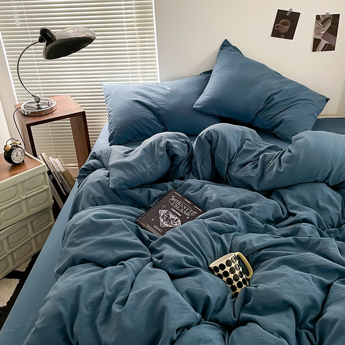 91家纺网 家纺一手货源 找家纺 优尚佳生活馆 2025新款ins风超柔褶皱亲肤磨毛水洗棉四件套纯色系列（风格二） 梵星蓝