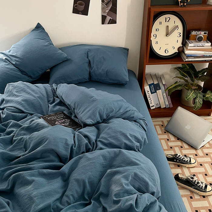 91家纺网 家纺一手货源 找家纺 优尚佳生活馆 2025新款ins风超柔褶皱亲肤磨毛水洗棉四件套纯色系列（风格二） 梵星蓝