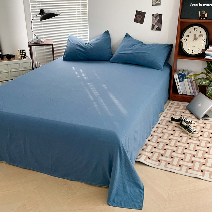 91家纺网 家纺一手货源 找家纺 优尚佳生活馆 2025新款ins风超柔褶皱亲肤磨毛水洗棉四件套纯色系列（风格二） 梵星蓝