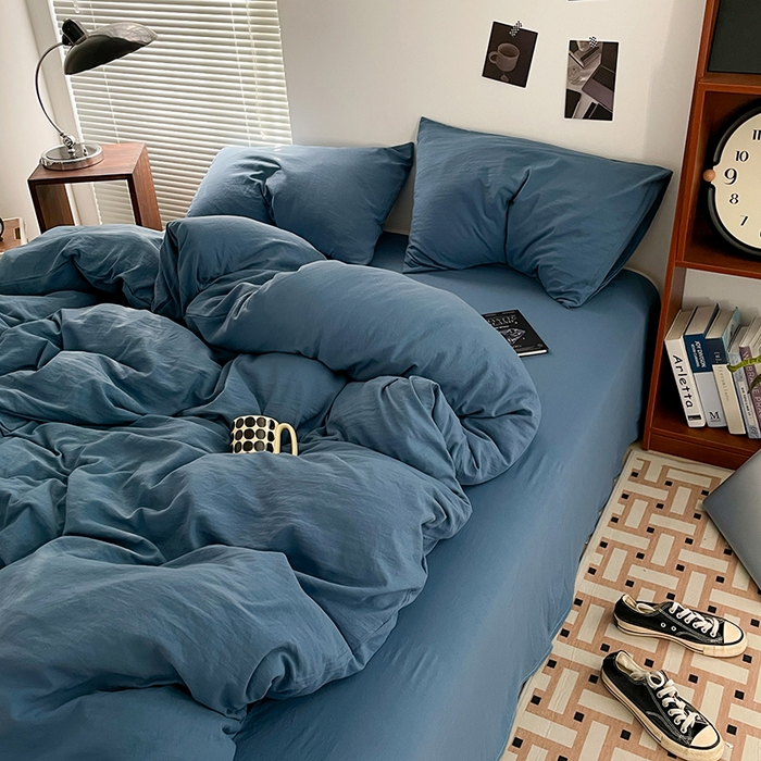 91家纺网 家纺一手货源 找家纺 优尚佳生活馆 2025新款ins风超柔褶皱亲肤磨毛水洗棉四件套纯色系列（风格二） 梵星蓝